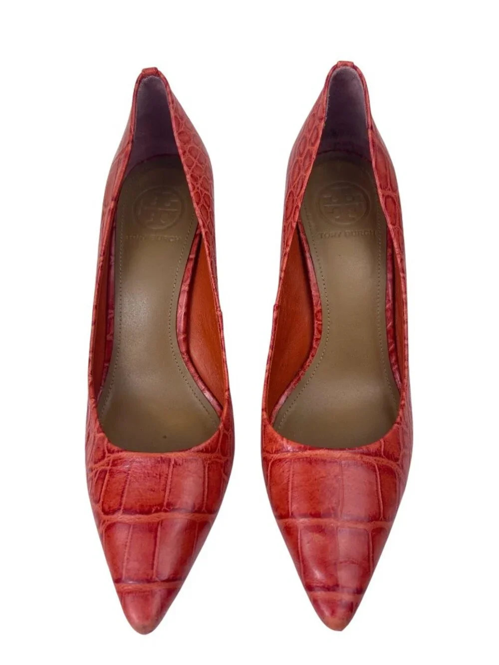 Tory Burch Stiletto High Heels Sz 7M Coral Red Croc Embossed Leather Pointed Toe
